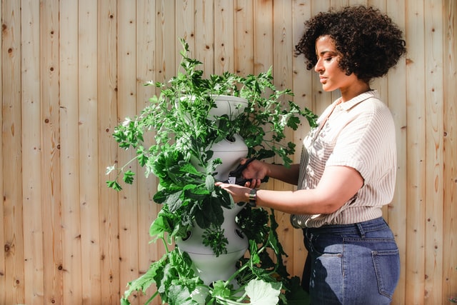 Woman beside a tall pot gardening